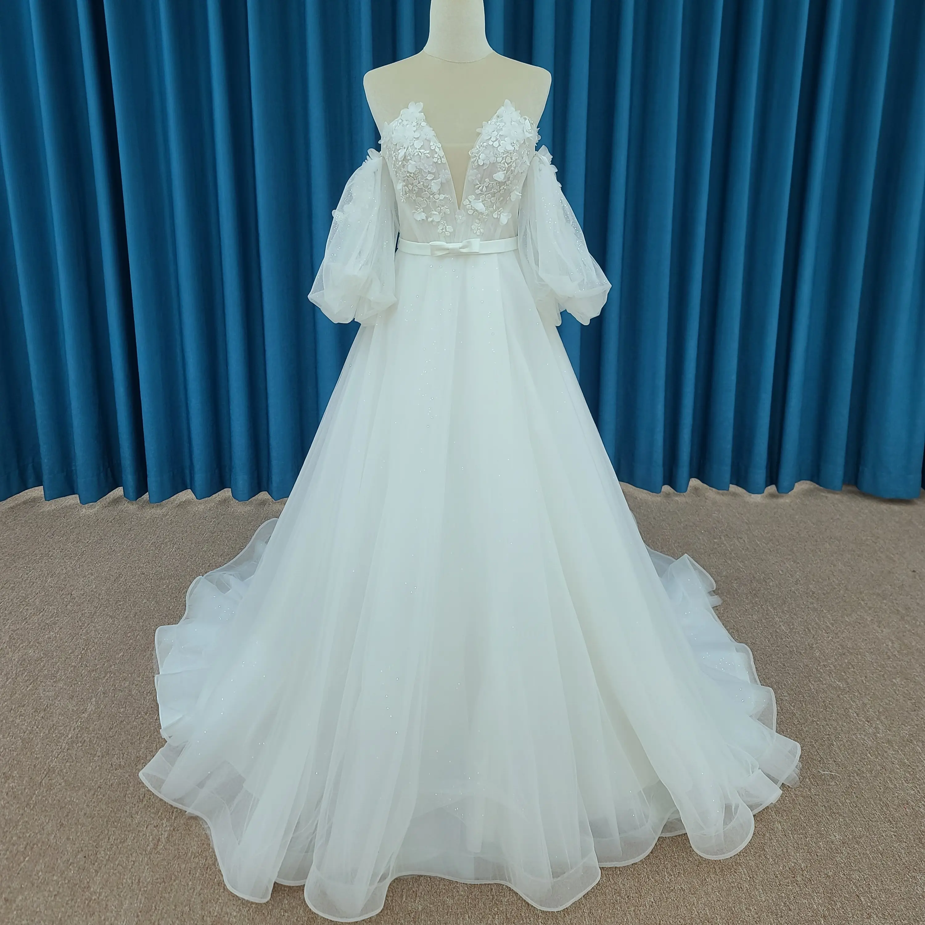 2023 elegante nuovo semplice abito da sposa a sbuffo con maniche a sbuffo abito da sposa in pizzo
