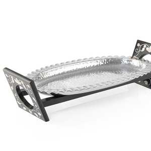 Handmade Hammered Aluminium <strong>Silver</strong> <strong>Plated</strong> Serving <strong>Tray</strong> Bowl Platter With Wooden Natural Finished Base for Fruits Dates Serving - Product Image 4