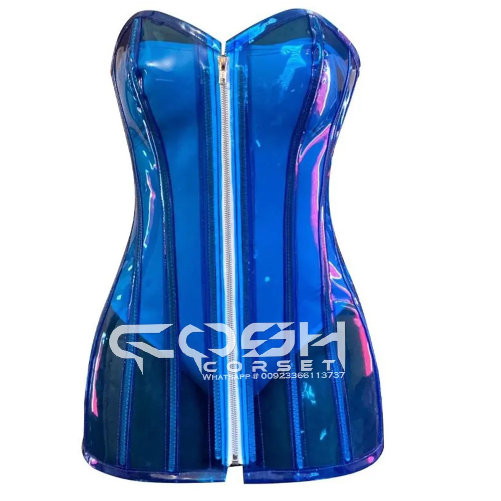 COSH CORSET Overbust Steel boned Blue Durchsichtiges klares PVC-Korsett kleid mit weißem Reiß verschluss Mode und Party Wear Korsett kleid