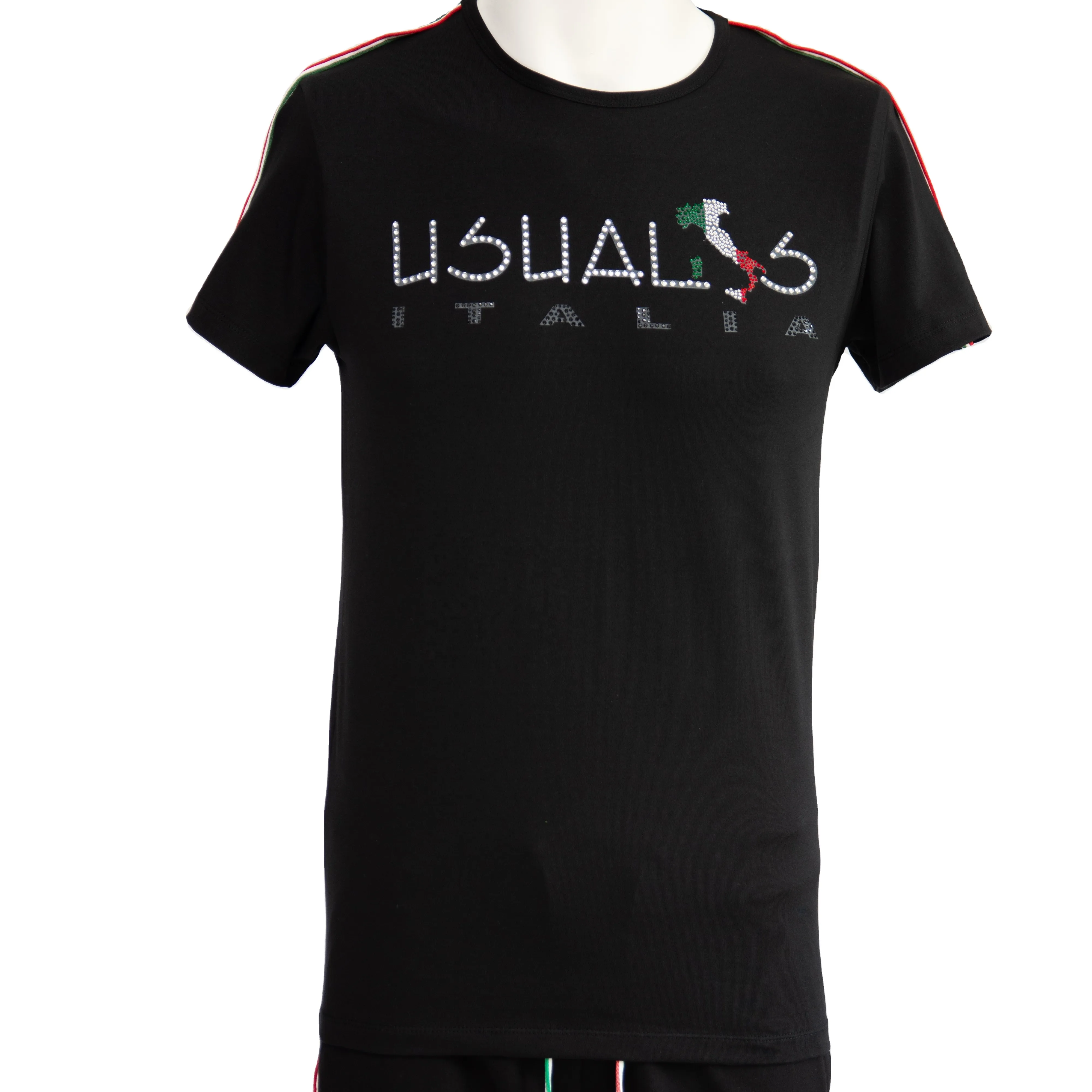 Camiseta masculina de manga curta, primavera verão 2023 puro preto de algodão spandex com apliques brancos feita em itália