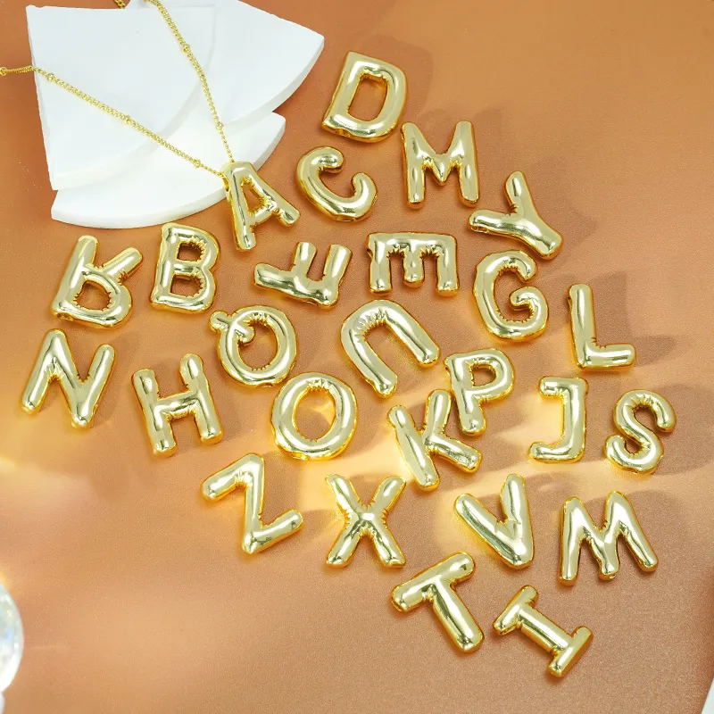 Liontin huruf inisial gelembung balon lapis emas 18K liontin alfabet nama bengkak berlapis emas untuk kalung perhiasan pribadi
