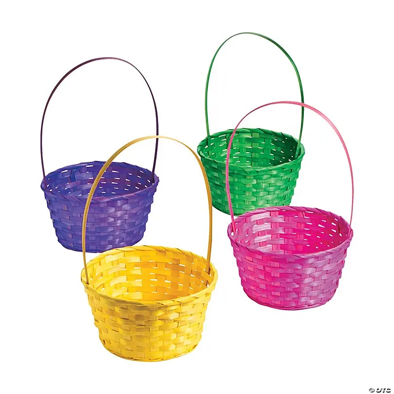 Cestas de Pascuas personalizadas, cesta de bambú tejida en línea con correas de colores, redonda, clásica, con mango colorido, gran oferta