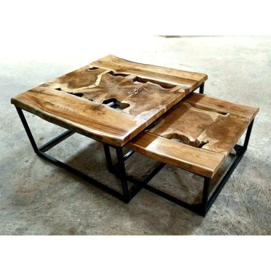 Indonesia Furniture tavolino da radice di Teak e tavola di Teak con gambe quadrate in ferro