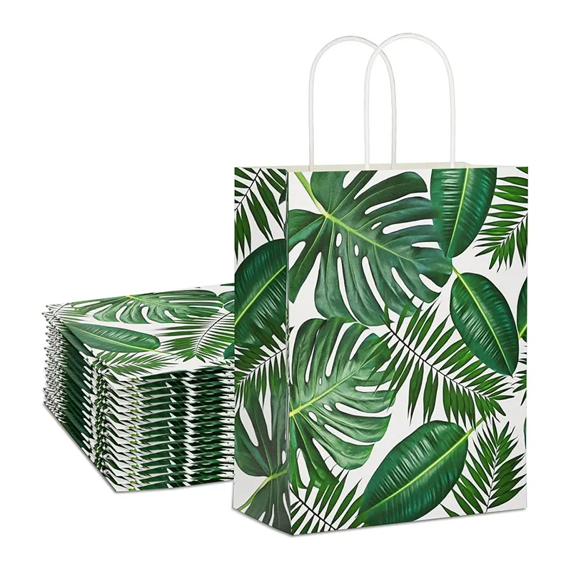 Party Favor with Handles, Summer Tropical Palm Leaves Hawaii Custom With Your Own Logo Shopping White Kraft Paper Bags