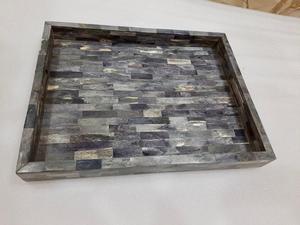 Ev partileri için özelleştirilebilir inci kemik kakma annesi ile iki büyük Vintage gri dikdörtgen servis tepsileri Set - Product Image 2
