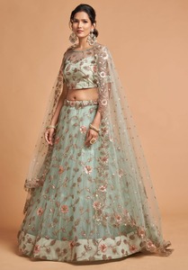 Özel yeni tasarımcı Firoji renk Modern hint Lehenga Choli bluz yumuşak Sari ağır Net dizisi nakış düğün partileri - Product Image 2