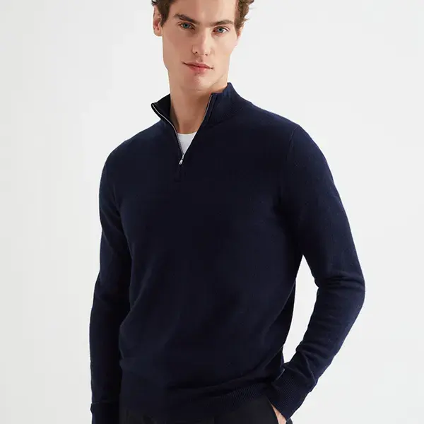 Nhà Sản Xuất Tùy Chỉnh Nửa Zip Cổ Đan Bông Len Cashmere 100% Cashmere Polo Áo Len Áo Thun Cho Nam Giới Quần Áo