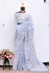 Beautiful Girls' Pakistani <strong>Sari</strong> Soft Net with Embroidered Viscose Thread Sequence Work for Weddings or Parties - Product Image 2