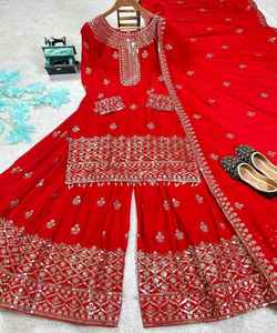Diseñador hermoso Chinon seda bordado secuencia trabajo Top Sharara con Dupatta en el precio más bajo Ropa Étnica