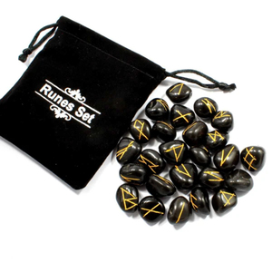 Toptan siyah obsidyen Rune kese ile Set oyma Feng Shui kazınmış kristal Runes şifa ve divinasyon için eskitme - Product Image 4