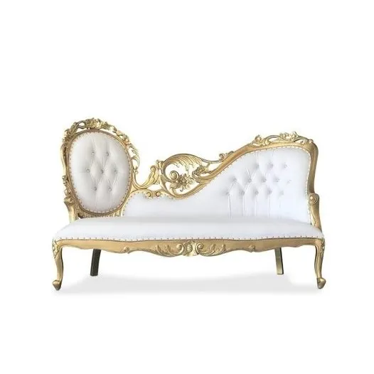 Canapé de mariage 2 places sculpté cadre en or et cuir blanc-meubles en bois antique Fabrication artisanale de Jepara Indonésie