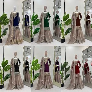 新しいデザイナーウェアFaux Georgetteコーディングシーケンス刺繍 & パールワークトップとシャララとファンシーレースDupatta - Product Image 4