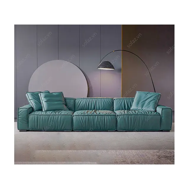 صُنع في فيتنام أريكة مغطاة بجلد عالي الجودة صناعي، أريكة غرفة معيشة خضراء، حجم قياسي 2800 × 900 × 890 مم