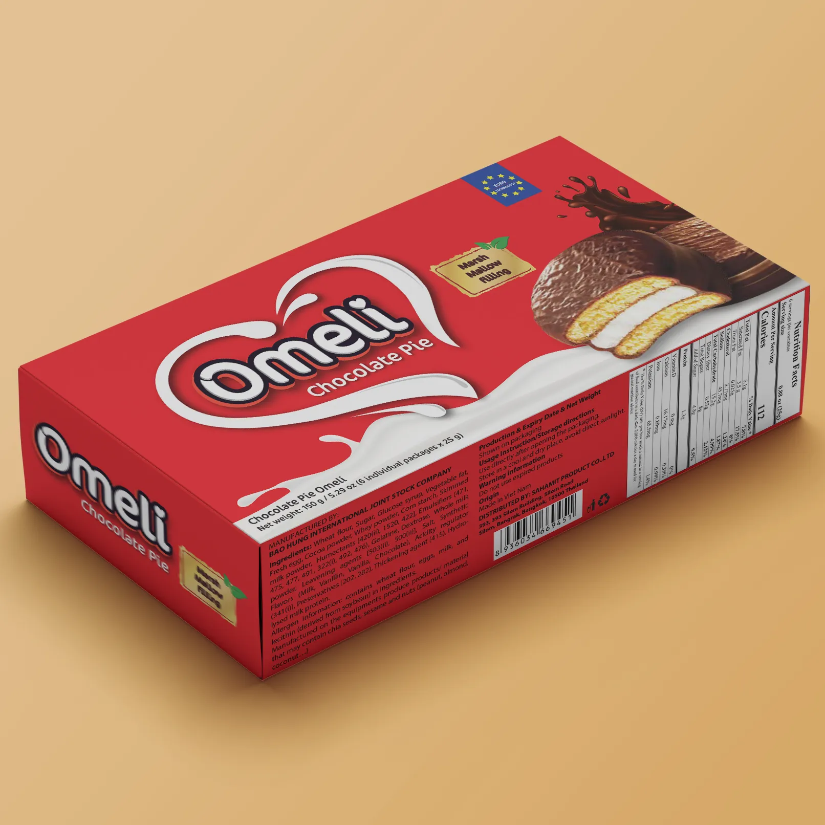 Venda por atacado premium marca omeli chocolate pie/chocopie 150g caixa com iso 22000:2018-halal-vietnã