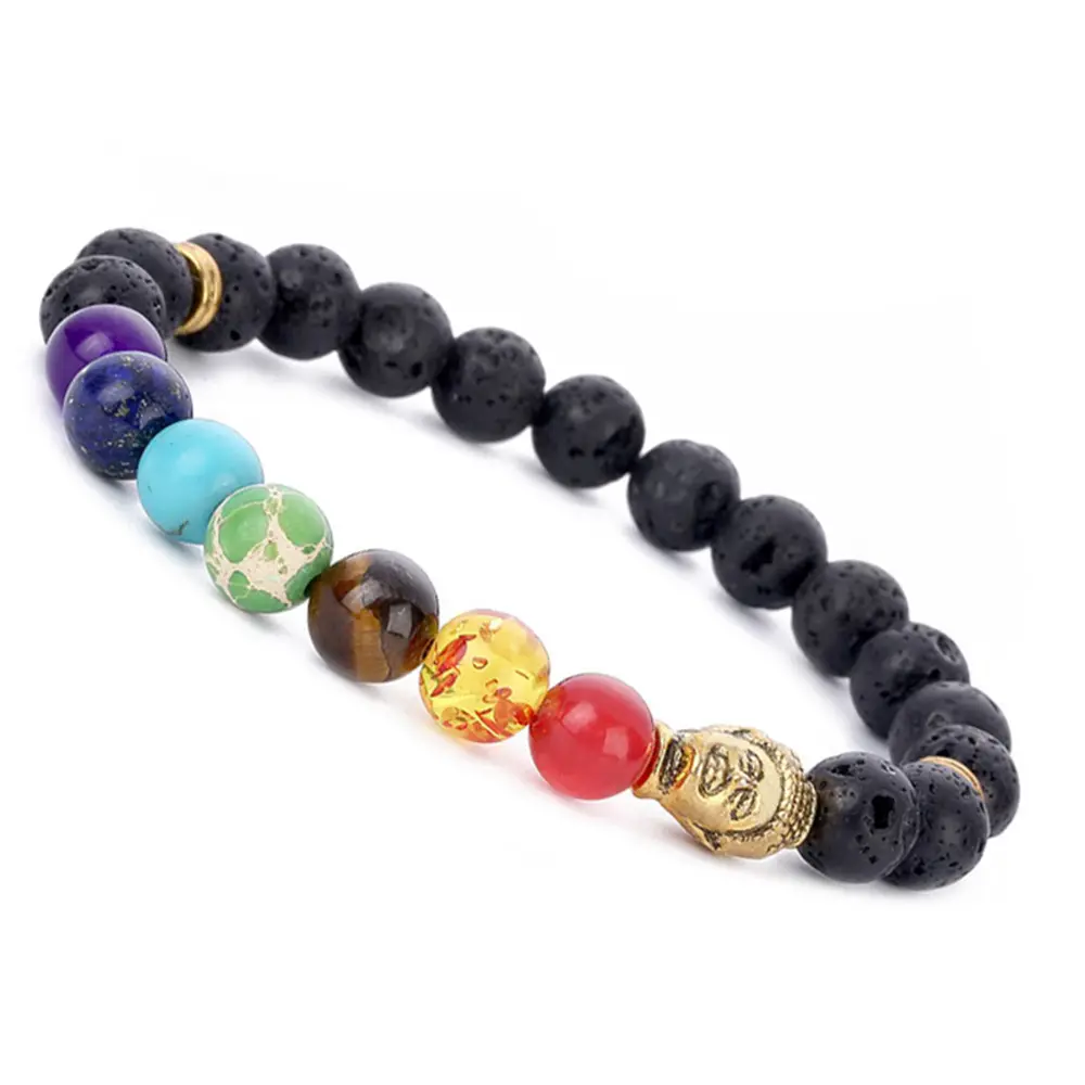 Ventes directes d'usine bijoux accessoires 8mm sept impulsions Yoga roche volcanique bouddha tête-roue Bracelet