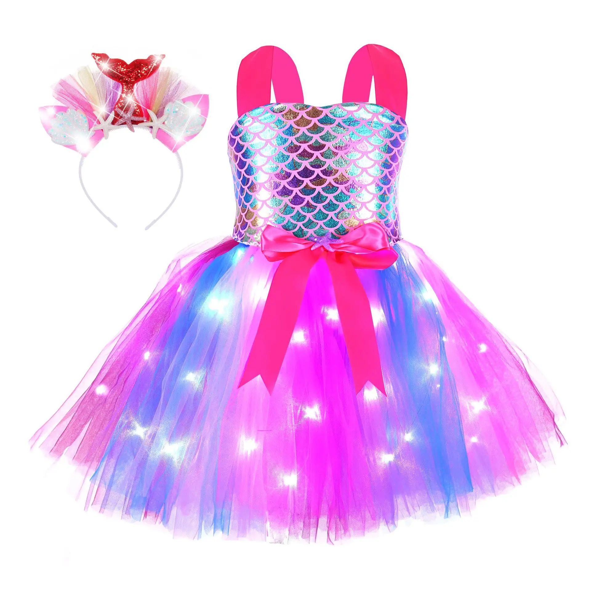 Abito Tutu a sirena stile LED abiti da festa di compleanno per bambini costumi da principessa a sirena per Halloween vestito da vestire di capodanno