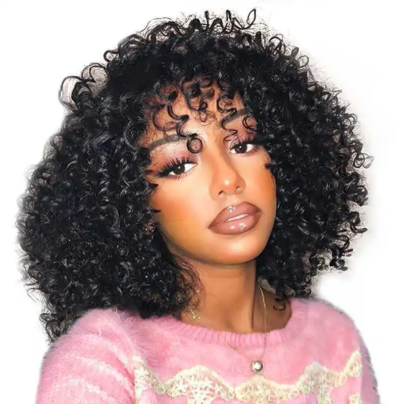 Vente en Gros Afro Kinky Curly Perruques Vendeurs Bob Perruques avec Frange Brésilienne Haute Densité 100% Perruques de Cheveux Vierges Humains pour les Femmes Noires