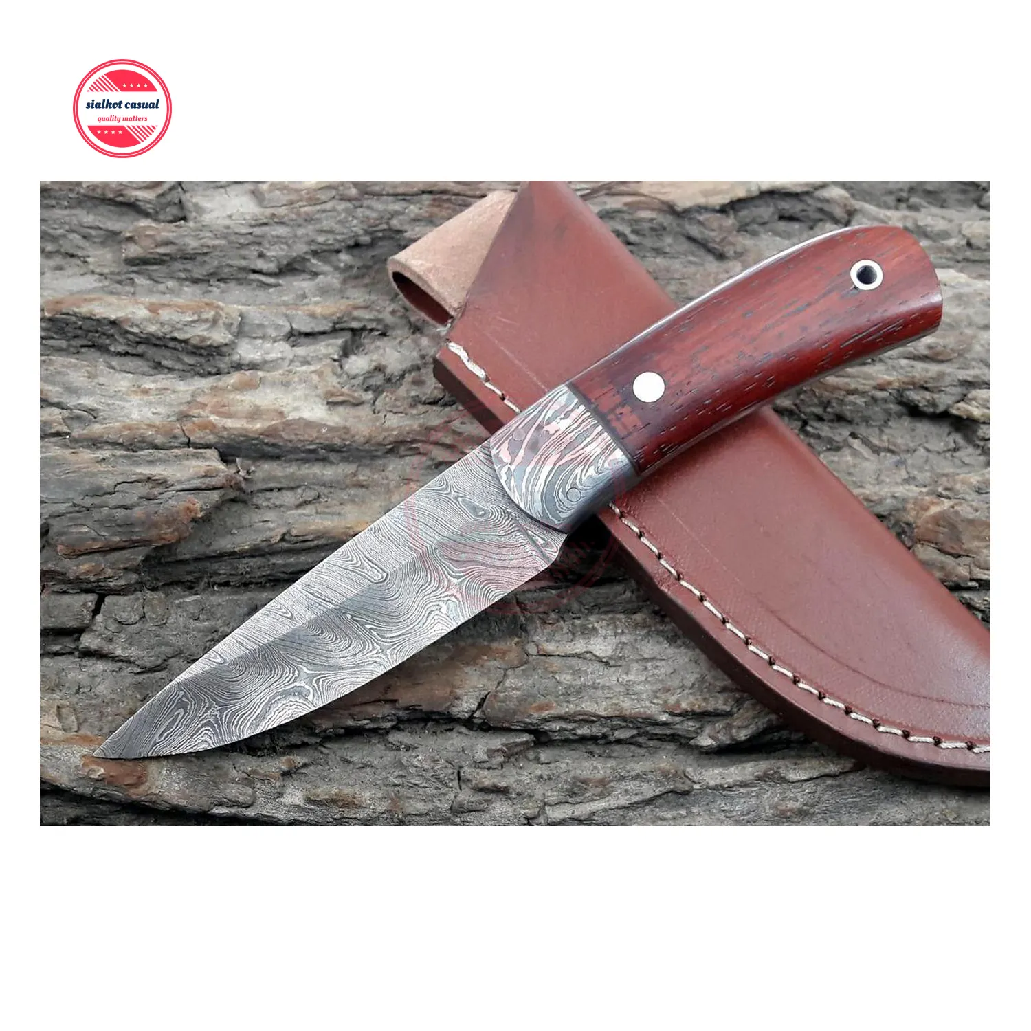 Cuchillo de acero damasco para caza al aire libre, cuchillo de hoja fijo de Damasco, no plegable, con logotipo personalizado