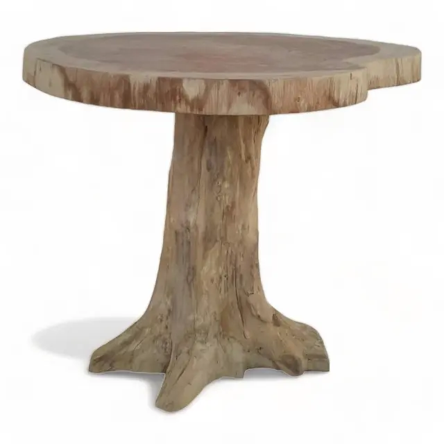 Mesa de restaurante de pata de raíz de teca con tapa de mesa redonda 80 cm losa de nogal de Acacia Suar madera natural borde vivo mesa de comedor redonda