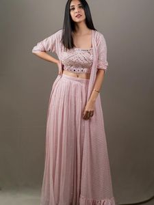 Georgette dizi nakış iş plazo ile stug hint parti giyim bayanlar kadınlar giymek sari ucuz düşük fiyat toptan - Product Image 4