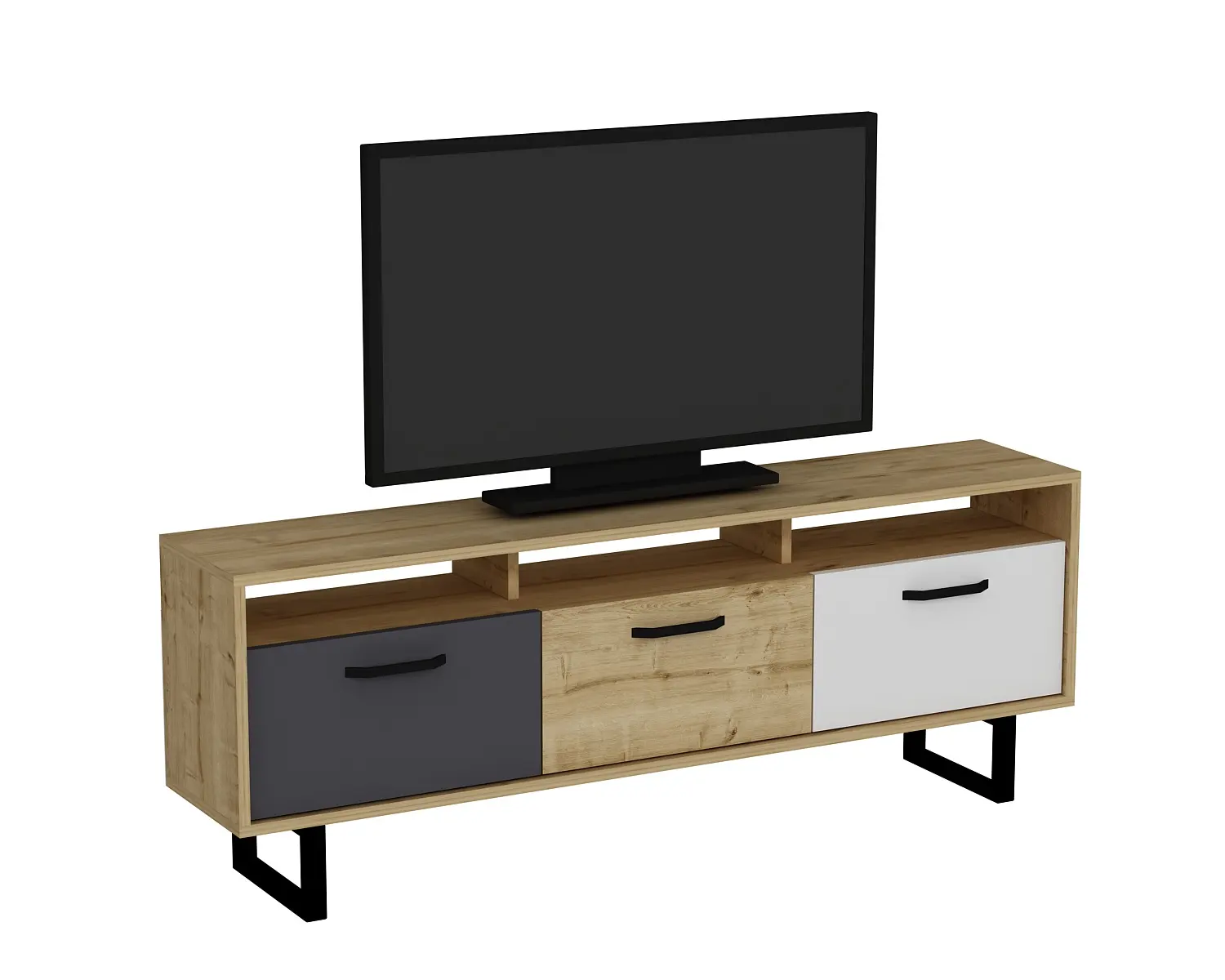 Agustine 150 cm de ancho TV Stand Cabinet Media Lowboard Entertainment Center con almacenamiento cerrado TV-Roble y gris oscuro y blanco