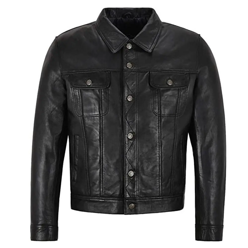 OEM Wholesale Men's Genuine Leather Trucker Jacket Black Classic Western Real Napa Denim Style Shirt Style Jacket