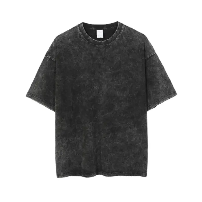 Kaus hitam cuci asam longgar bahu turun ukuran besar katun kelas berat antik ukuran besar
