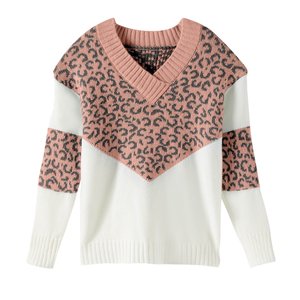 冬季女式休闲v领毛衣长袖豹纹拼色条纹针织套衫 - Product Image 1