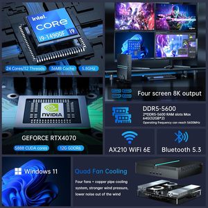 Mini PC Gaming Computadora de escritorio I9 14900F Win 11 Pro RTX4070 12G Cuatro pantallas 8K 60Hz Salidas Dual LAN WiFi6E/BT5.3 - Product Image 6