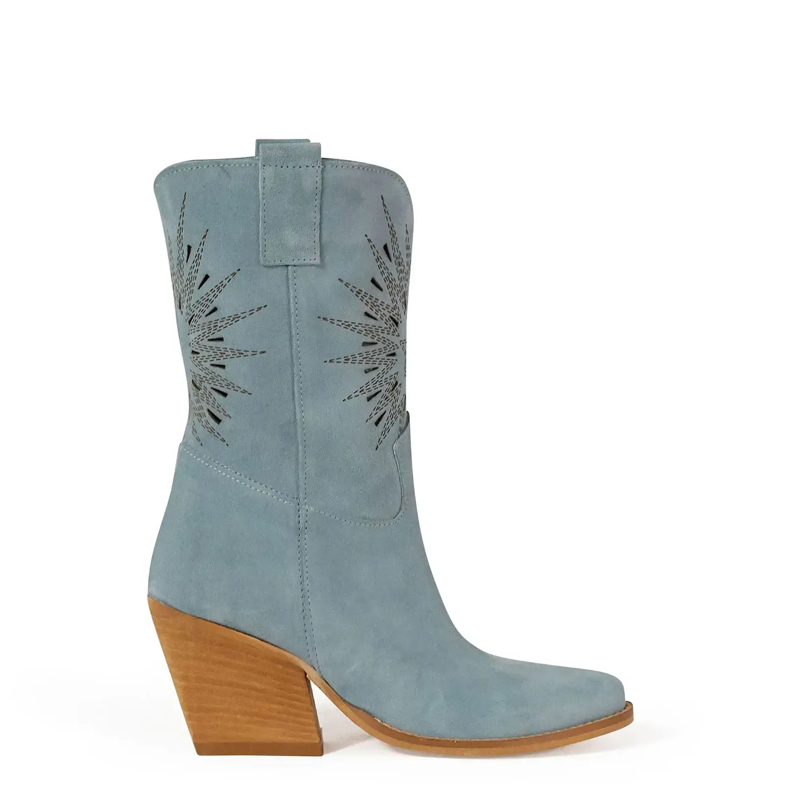 Artesanal Made in Italy Mid-Calf Sky-Blue Suede Cowboy Botas das mulheres com Laser-Cut Kali Shoes Rio Material de cor personalizável