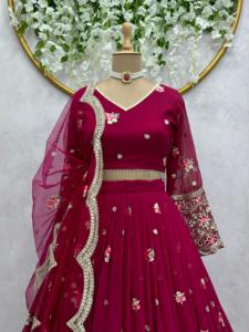 คอลเลกชันงานแต่งงานยอดนิยม Foux Georgette Lehenga Choli พร้อม Dupatta พร้อมปักลูกไม้สี่ด้านมีจําหน่ายในราคาขายส่ง - Product Image 6