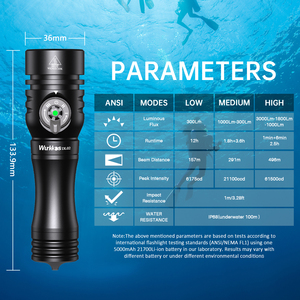 Wurkkos DL02 3000 Lumens 3 chế độ IPX8 không thấm nước Scuba <span class=keywords><strong>Diving</strong></span> đèn pin 100m dưới nước ánh sáng với chỉ số sức mạnh - Product Image 2