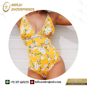New Women Boho Bathing Suits Swimwear Sexy Yellow Green <strong>Pear</strong> Blossom Floral Print Swimsuit - Product Image 3