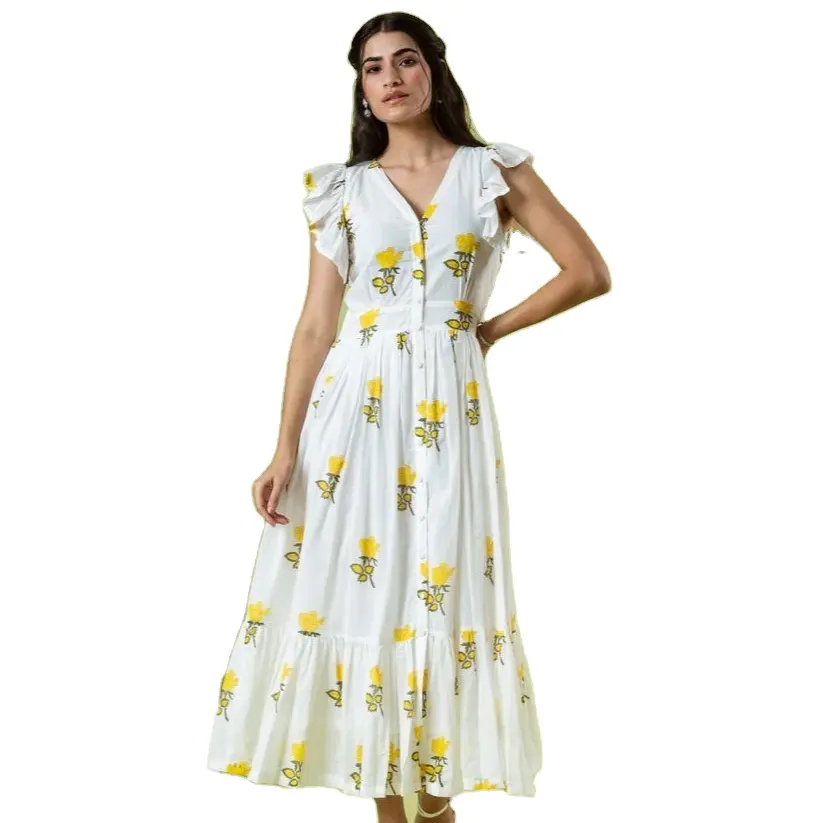Vestido de tulipán de limón, vestido informal para mujer, vestido de algodón con cuello cerrado para mujer, fabricante y exportador indio