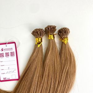 Düz açık kahverengi renk #8 <span class=keywords><strong>18</strong></span> inç ben ucu iki kez işlenmiş postişler ipeksi düz Keratin I ucu insan saçı postiş