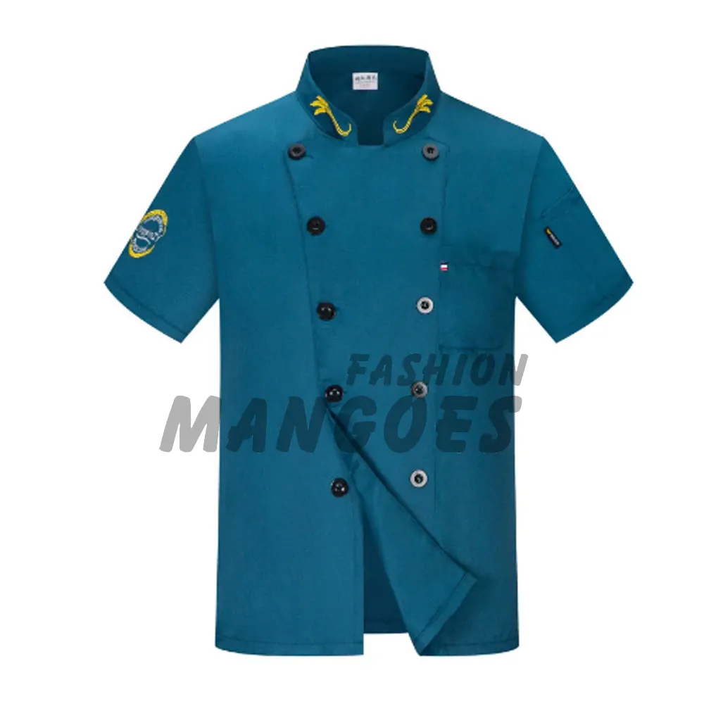 Chaqueta de chef de manga corta azul de calidad superior para hombre, uniforme de restaurante con diseño de doble botonadura, abrigo de cocina para catering