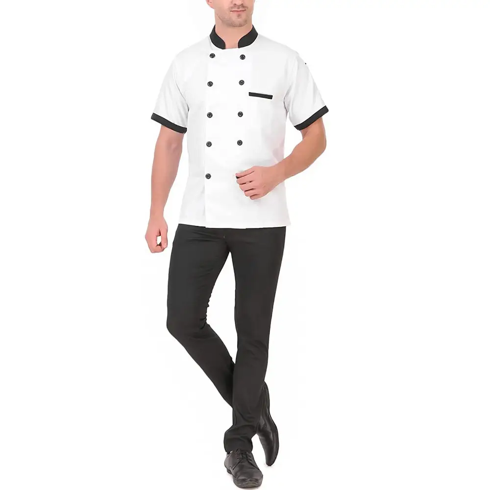 Ultimo Design di alta qualità ristorante resistenza al calore uniforme da cuoco per uomo cappotto bianco pantalone nero in vendita