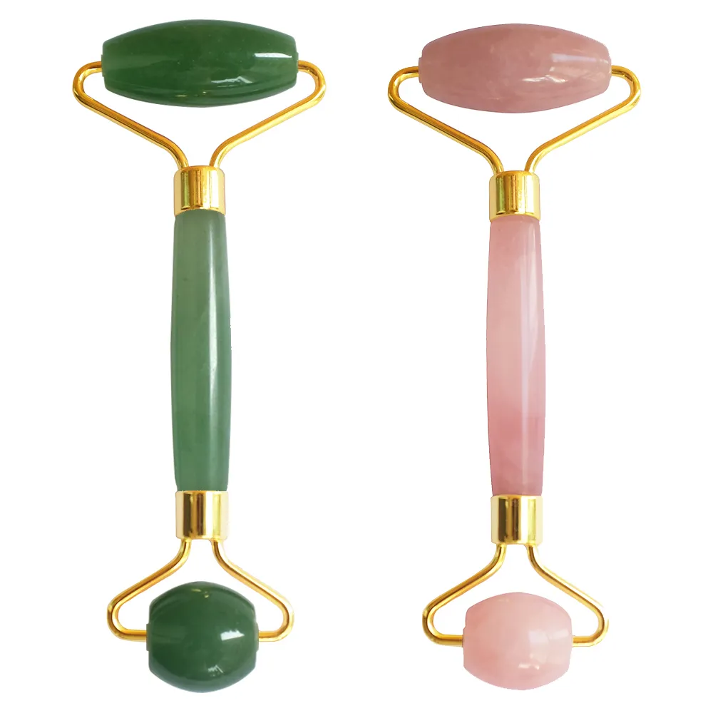 Precio de promoción Piedra de cristal natural Rodillo de jade de cuarzo rosa para herramienta facial Rodillo de jade de masaje y juego de Gua Sha para cara