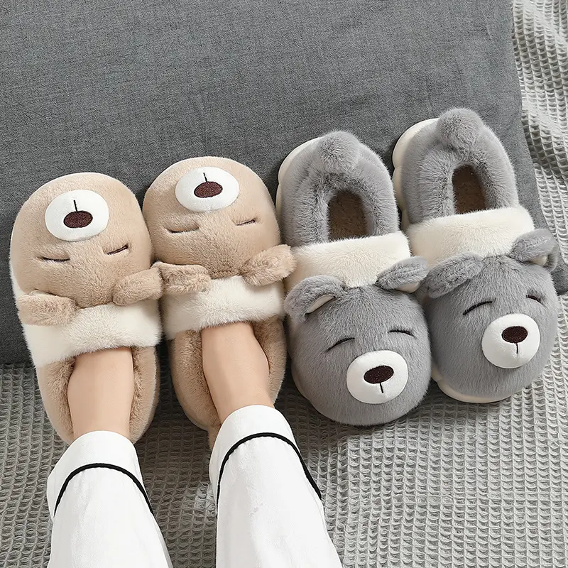 High Quality Cute Cartoon Nonslip Fluffy Plush Indoor Winter Shoes For Ladies Close Toe Shoes 2024