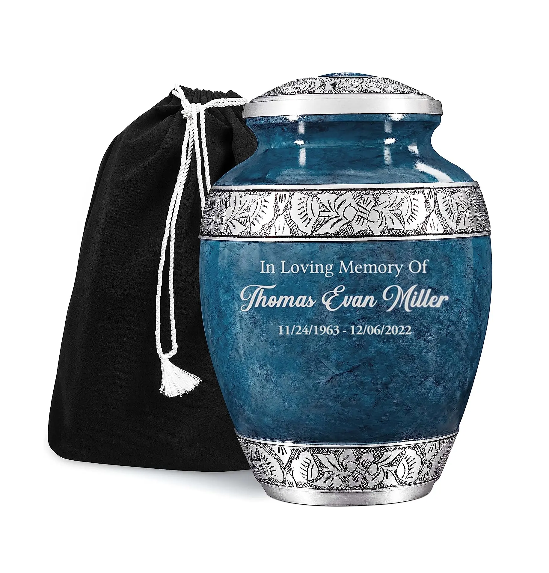 Personalized Cremation Urn for Adult Human Ashes - Custom Engraved Name Large Handcrafted Funeral Memorial with Striking Blue