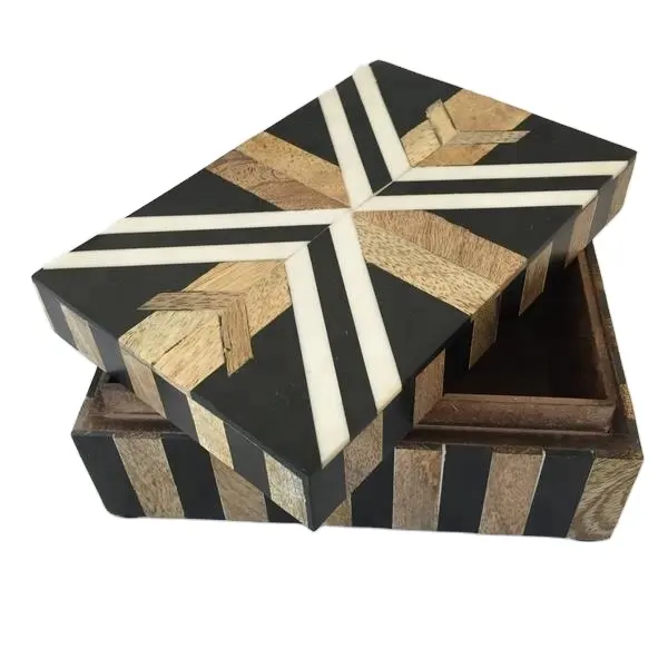 Best Quality Bone Resin Inlay Mango Wood Rectangular Box Handmade in India Bone Inlay Triangle Pattern Decorative Box