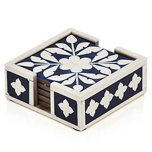 手工骨镶嵌杯垫4套定制天蓝色Flore图案桌垫 - Product Image 3
