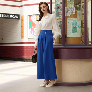 OEM Elastic Waist Buttons Decorated <strong>Palazzo</strong> Wide Leg Pants Women'S Vintage <strong>Trousers</strong> - Product Image 6