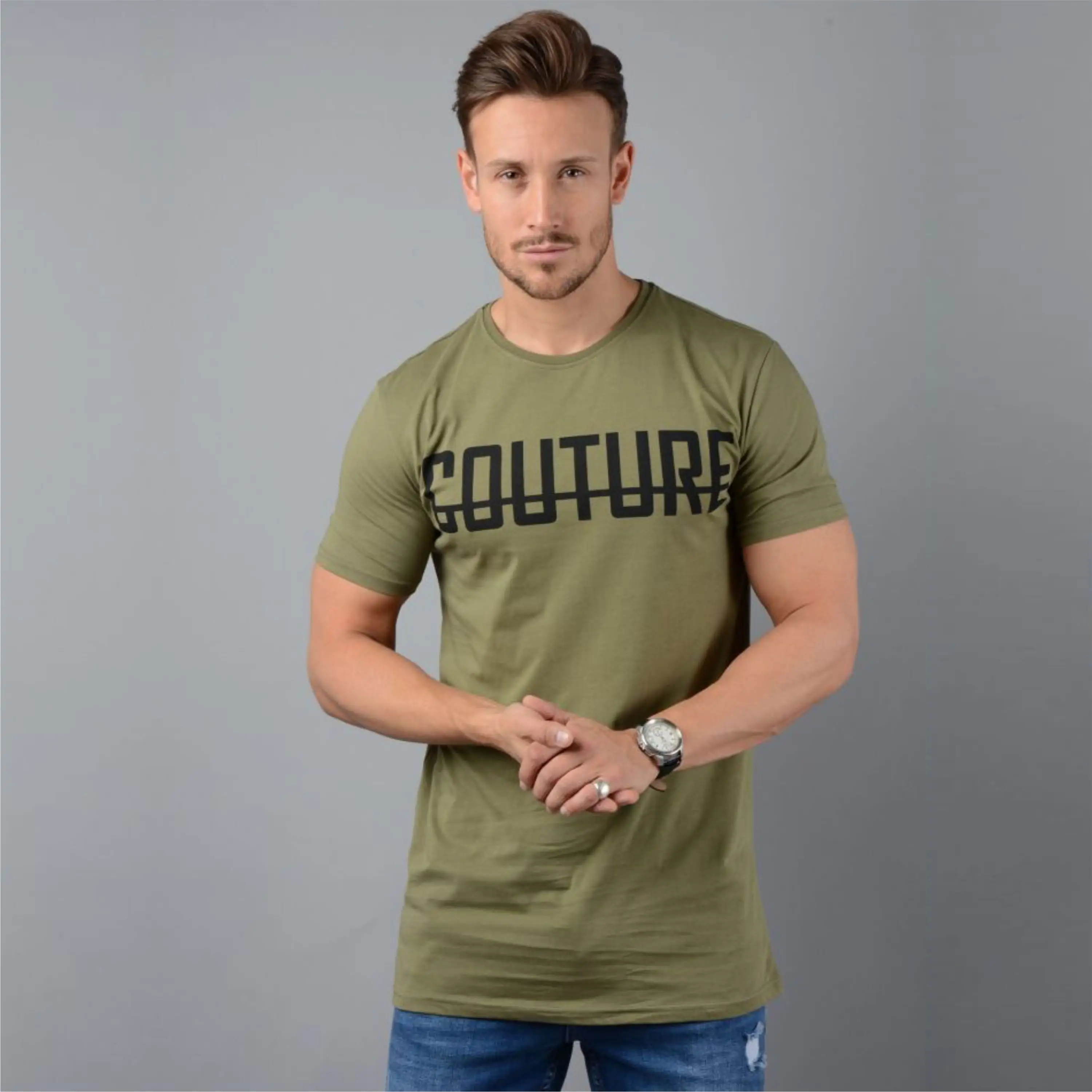OPtech-Camiseta de algodón peinado fina para hombre, Camiseta ajustada de manga corta, color caqui y verde, 100% gsm, 200
