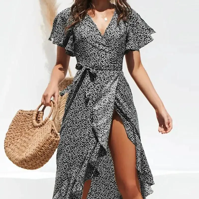 Vestido maxi casual de verão estampado de algodão para mulheres, decote em V floral boho, vestido de praia folgado, novidade para mulheres