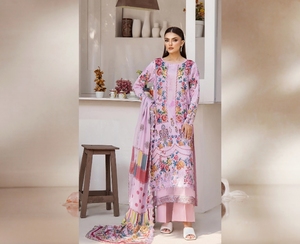Sumaira Collection Bringing Pearly3pcプリント芝生刺Embroideredドレスエンブネック & Daman Cutwork Dupatta Pure Cambric Cotton