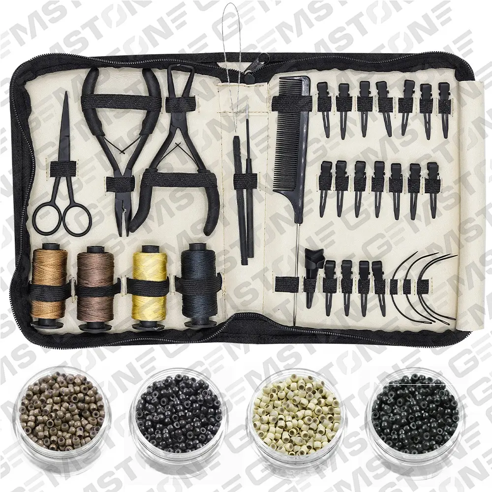 Kit de extensões de cabelo preto fosco, micro anéis/contas alicates de fio com agulhas e clipes de aço inoxidável