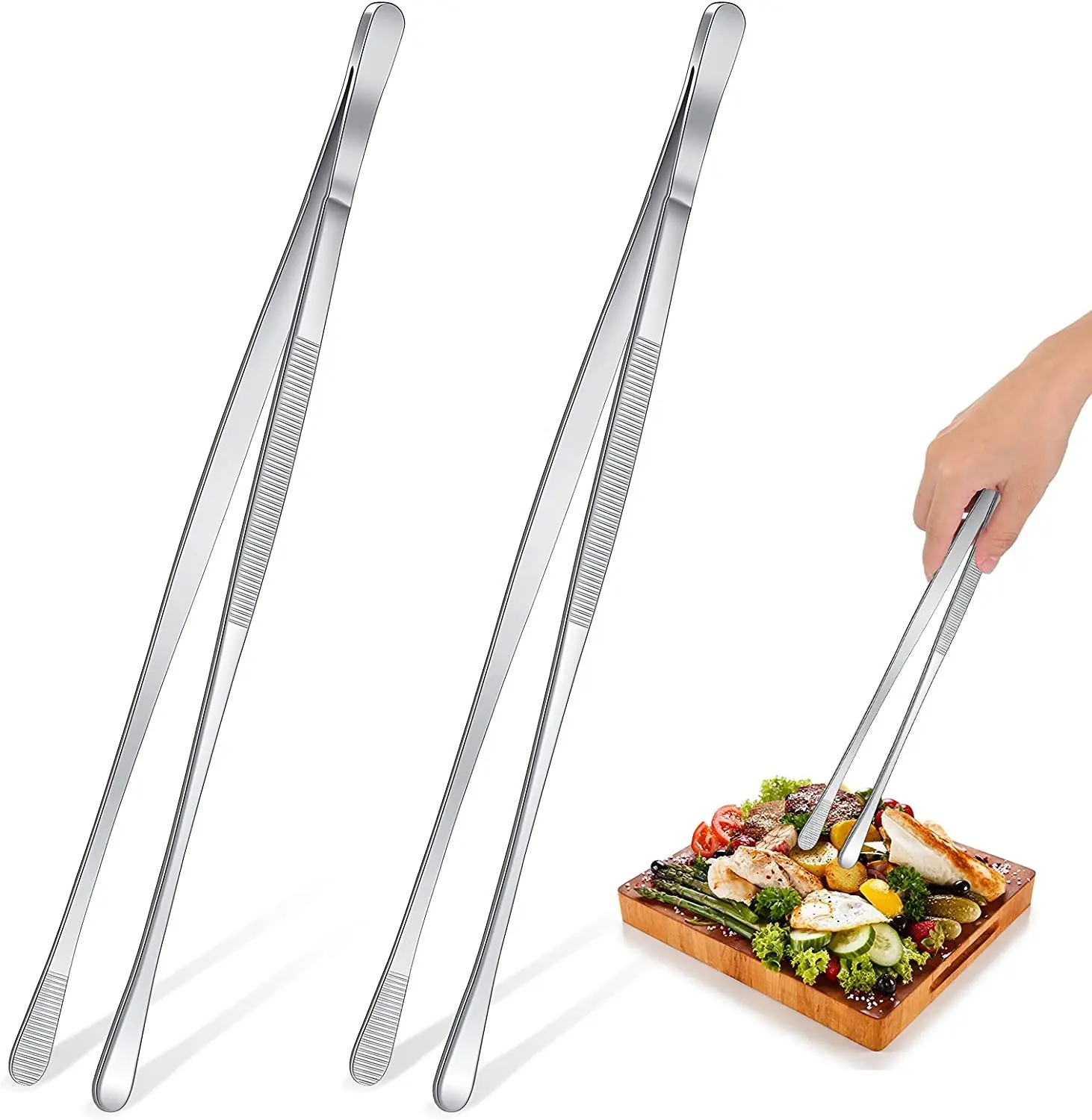 Pinces de cuisine pour barbecue de 12 pouces, en acier inoxydable, Extra longues avec pointe ronde, fournisseur, vente en gros directe, prix bas, 2 pièces