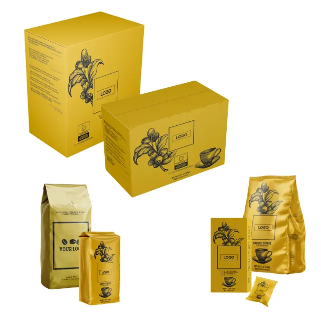 قهوة محمصة متنوعة إيطالية مع شعار ذهبي مخصص مطبوع عليها كعكات عليها ملصقات خاصة حبوب قهوة سادة للبيع