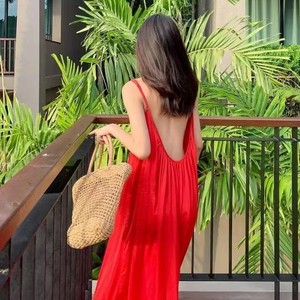אטרקטיבי אדום Boho <span class=keywords><strong>Hippie</strong></span> קיץ החוף ללא משענת שמש שמלות נשים מקרית ספגטי רצועת צבע רגיל ארוך מקסי שמלה